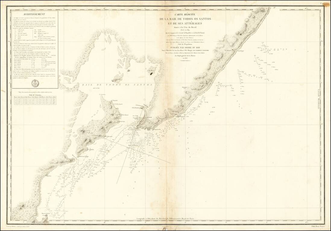 Carte Reduite De La Baie De Todos os Santos Et De Ses Atterages Situes a la Cote du Bresil Leve in 1819 dans la Campagne de la Corvette la Bayadere et du Brick le Favory par M.M. Givery et Gressier . . . . . .  1823