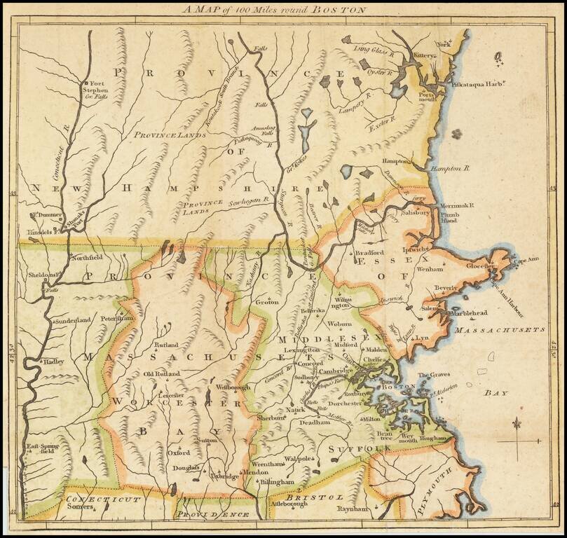 A Map of 100 Miles around Boston (The Battles of Lexington & Concord)