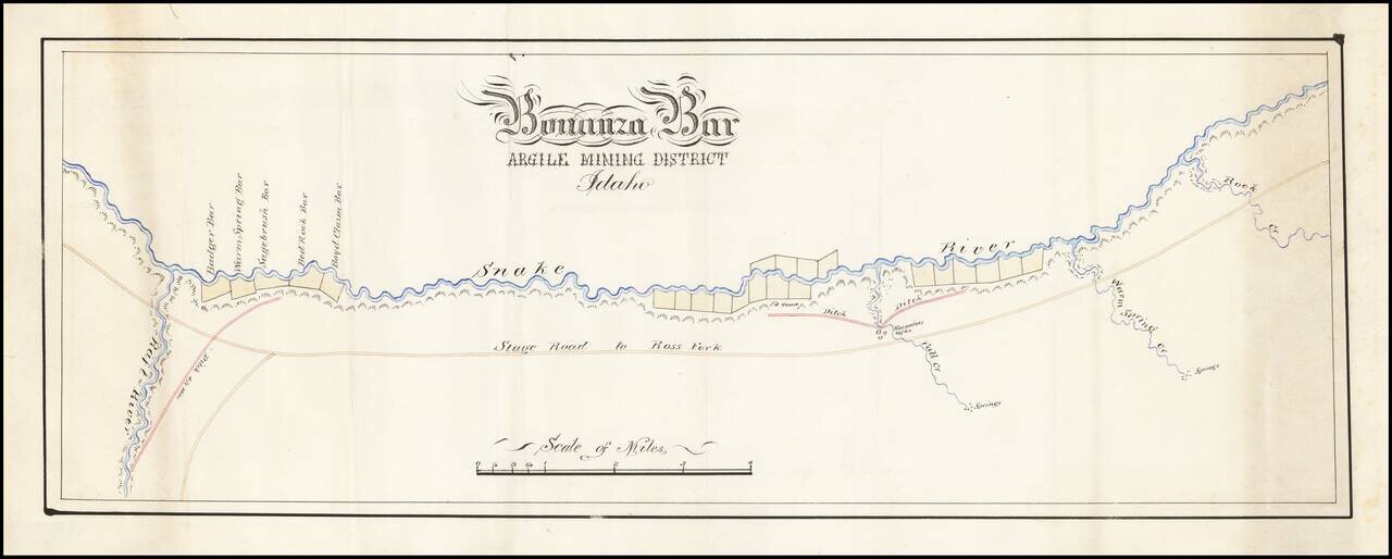 Bonanza Bar  Argile Mining District Idaho (hand drawn mining map)
