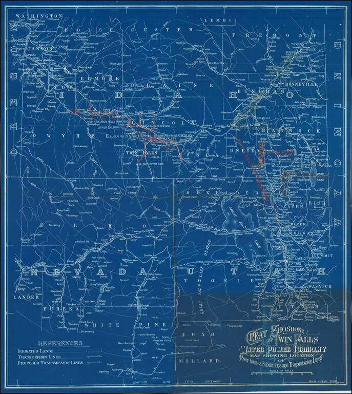 [Heavily Annotated]  Great Shoshone and Twin Falls Water Power Company Map Showing Location of Power houses, Substations and Transmission Lines