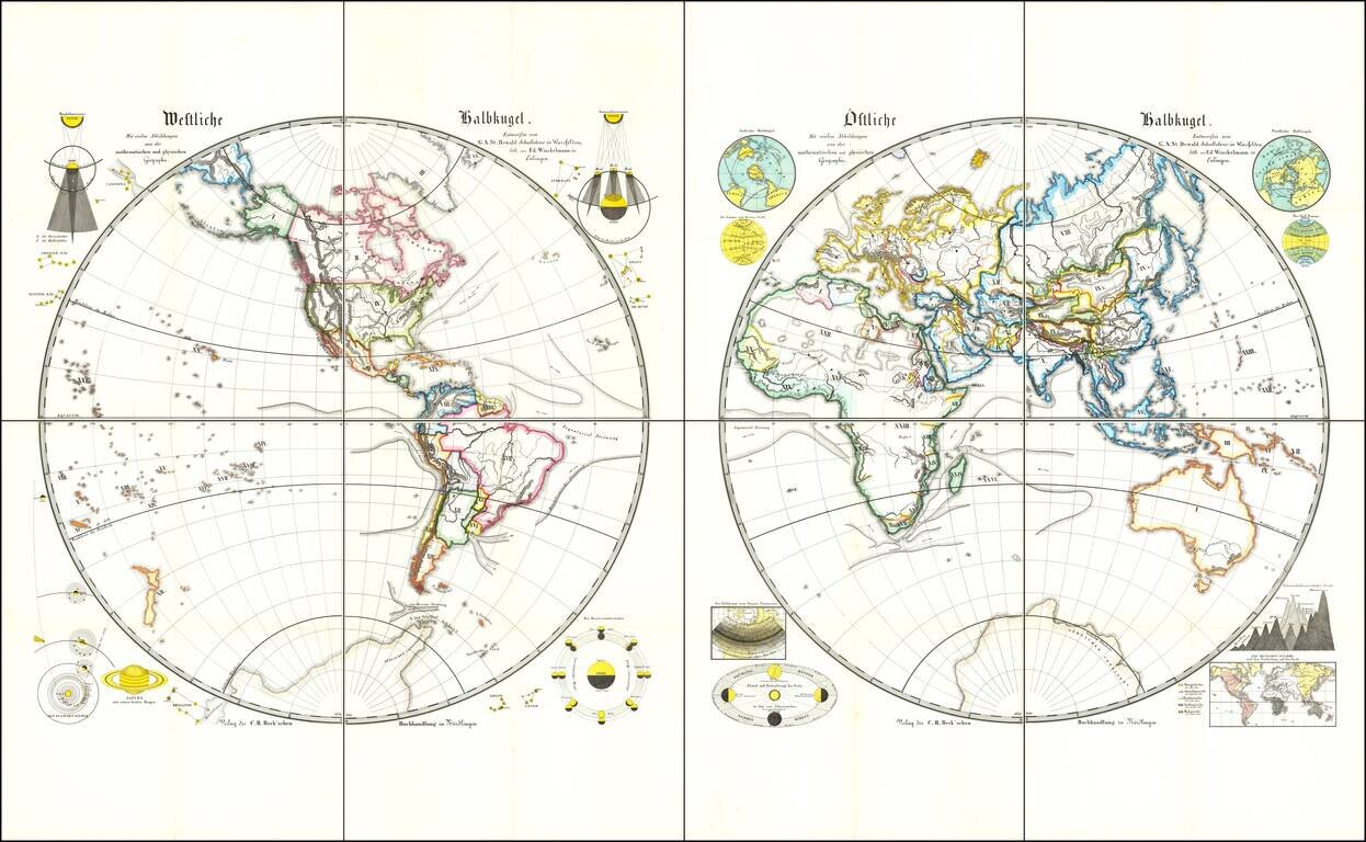 [World]  Die ostliche und westliche Halbkugel Der Erde.  Mit vielen Abbildungen aus der mathematischen und physicen Geographie -- Entworfen und gezeichnet fur den Schulgebrauch von G. A. St. Dewald, lithogaphirt von E. Winckelmann. (Zwei Chartern, jede 12