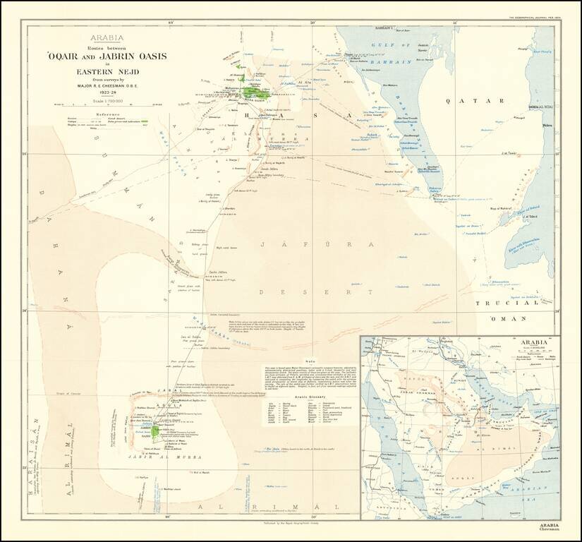 Qatar / Arabia -- Routes between 'Oqair and Jabrin Oasis in Eastern Nejd from surveys by Major R.E. Cheeseman O.B.E. 1923-24 (with Royal Geographical Society text)
