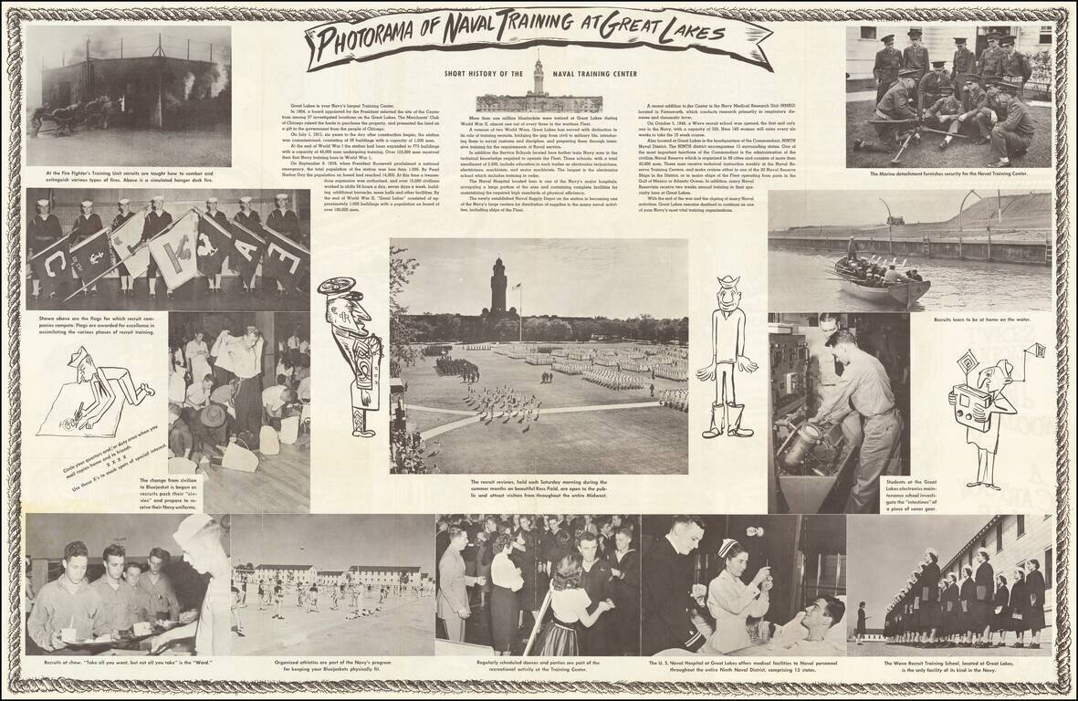 A Cartoon Map of the US. Naval Training Center at Great Lakes, Illinois Being As True and Faithful A Graphical Accounting As The Cartographer's Art Will Allow, Taking Into Careful Account Prominent Natural Features And Including Certain Man-Made Structure