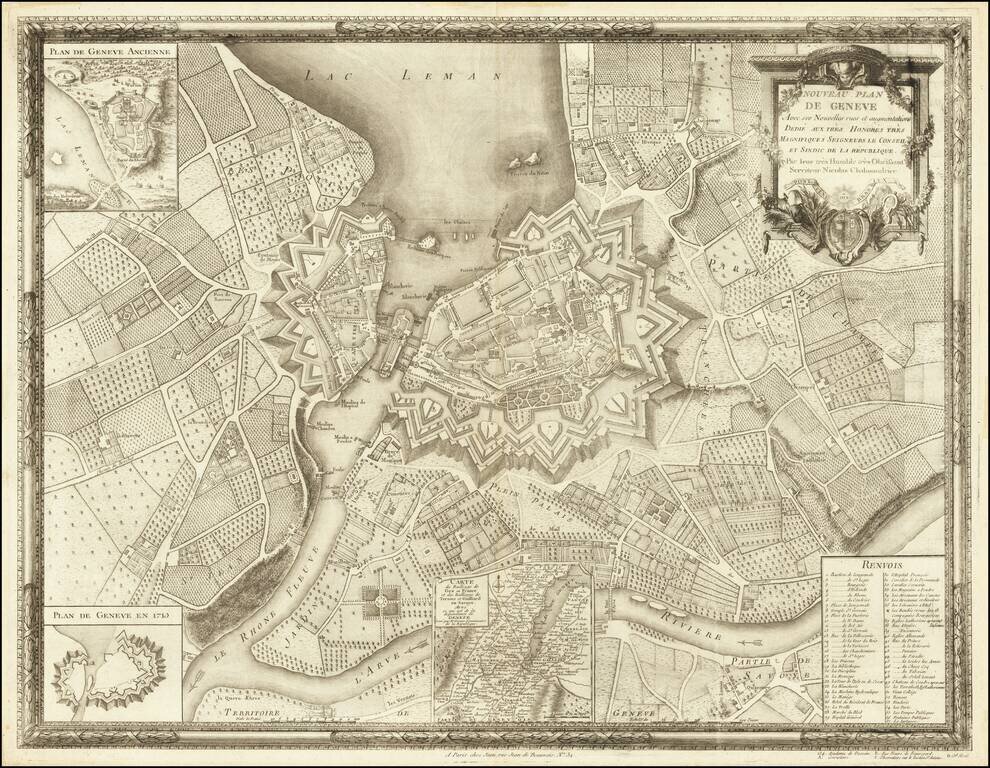 Nouveau Plan de Geneve Avec ses Nouvelles rues el augementations Dedie aux tres Honores tres Magnifiques Seigneurs Le Conseil et Sindic de La Republique . . . .