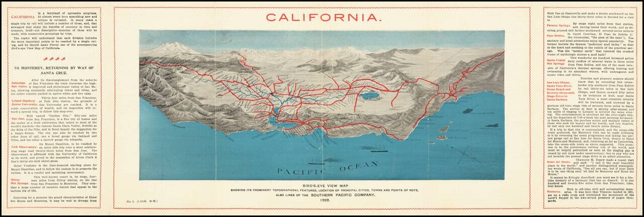 [California in Miniature]  Bird's-Eye View Map Showing Its Prominent Topographical Features, Location of Principal Cities, Towns and Points of Note, Also Lines of the Southern Pacific Company.  1898.