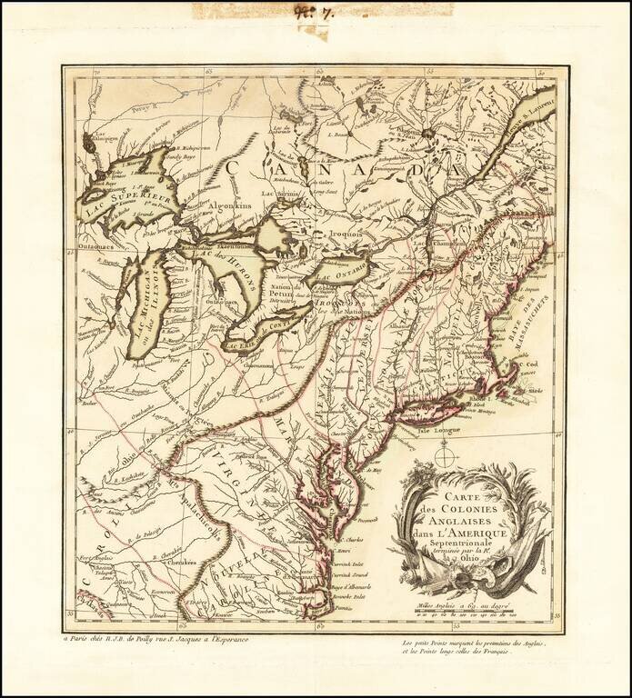 (First French Map of the French and Indian War) Carte des Colonies Anglaises dans L'Amerique Septentrionale terminee par la Re. Ohio.