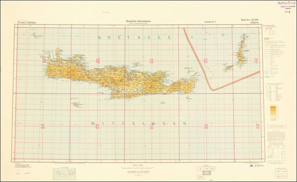(Second World War - Crete) Blatt-Nr. I 35 NW KRETA Heereskarte Nicht für die Öffentlichkeit bestimmt!