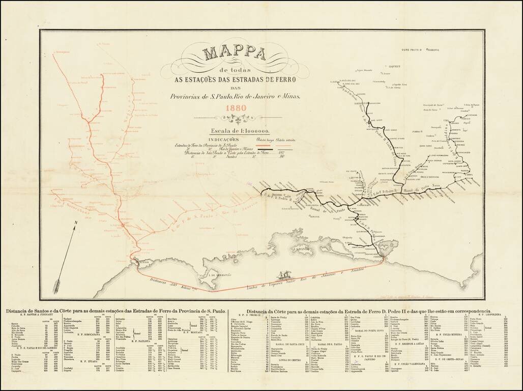 Mapa de todas as estações das estradas de ferro das Provincias de. S. Paolo, Rio de Janeiro e Minas.  1880.