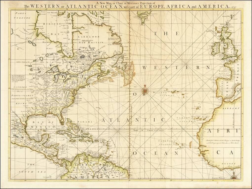 A New Map, or Chart in Mercators Projection, of The Western or Atlantic Ocean with Part of Europe, Africa and America.  1757.