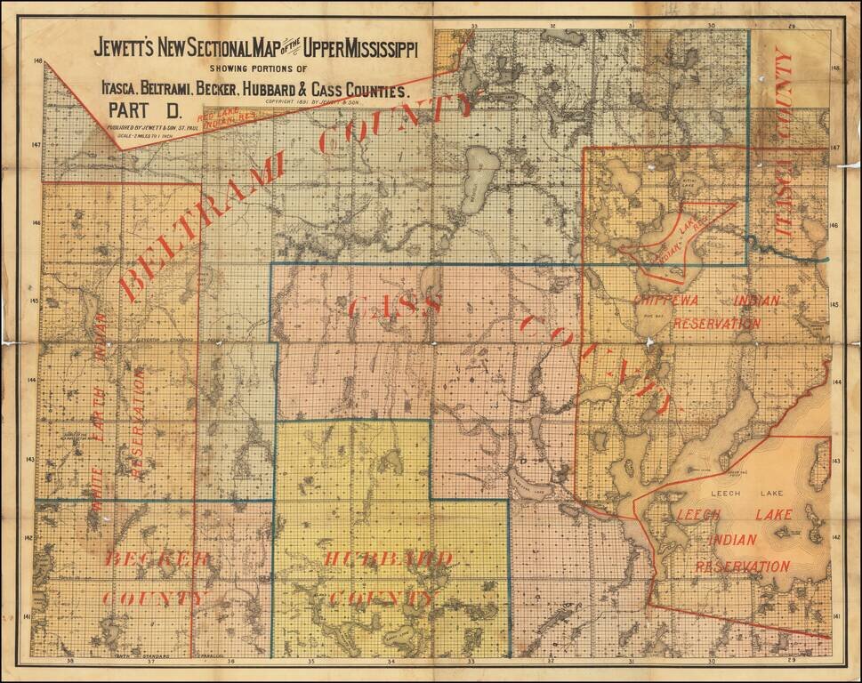 (Mississippi River Headwaters) Jewett's New Sectional Map of the Upper Mississippi Showing Portions of Itasca, Beltrami, Becker, Hubbard & Cass Counties. Part D.