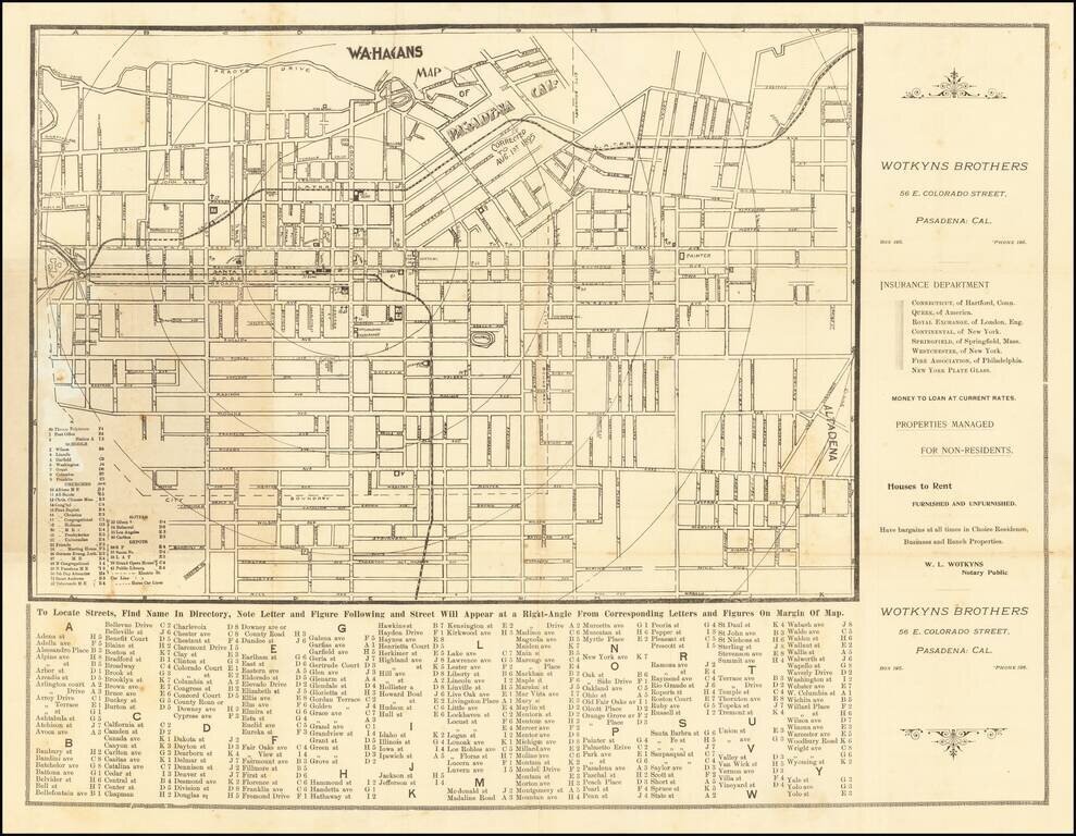 W.A. Hagans Map of Pasadena, Cal. Corrected to August 1st 1895