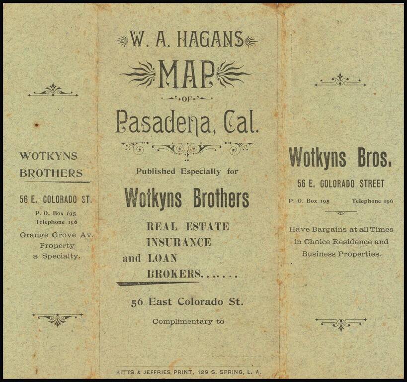 W.A. Hagans Map of Pasadena, Cal. Corrected to August 1st 1895