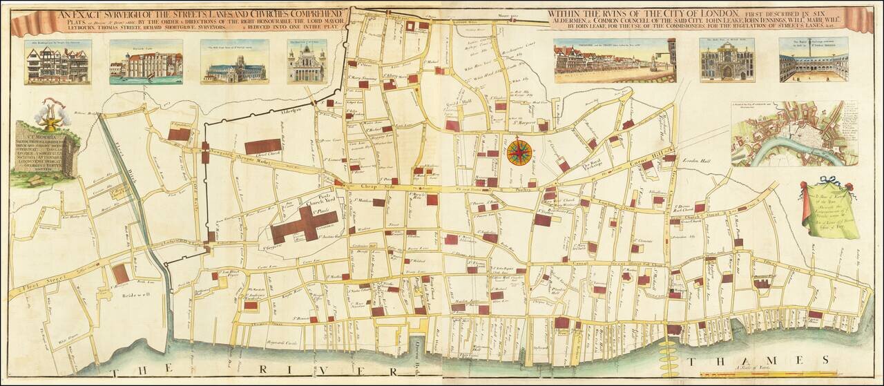 An Exact Surveigh of the Streets, Lanes, and Churches, Commrehend.d. Within The Ruins of the City of London, First Described In Six Plats 10 Decemr. Ao. Domi: 1666 By The Order & Directions of the Right Honorable The Lord Mayor Aldermen, & Common Councell