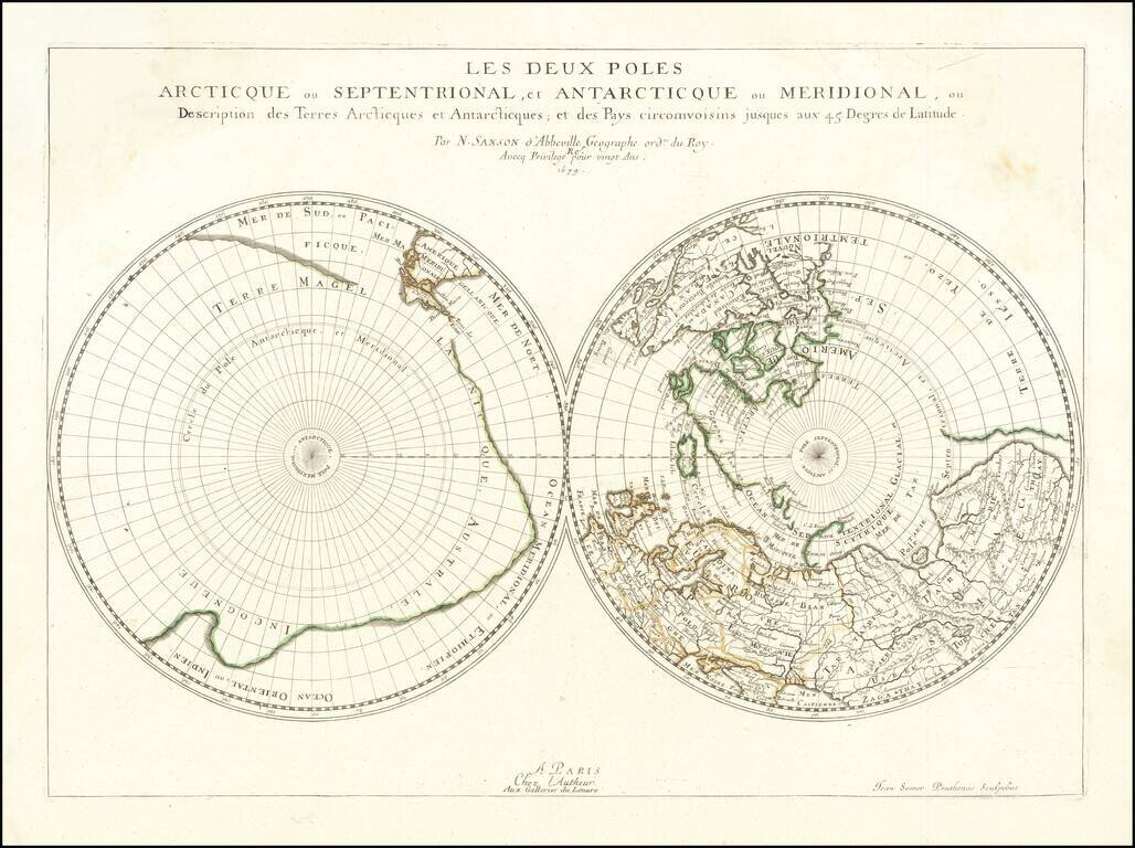 Les deux poles arctique ou septentrional, et Antarctique ou meridional, ou description des terres arctiques et antarctiques, et des pays circomvoisins jusques aux 45 degres de latitude . . .  1679