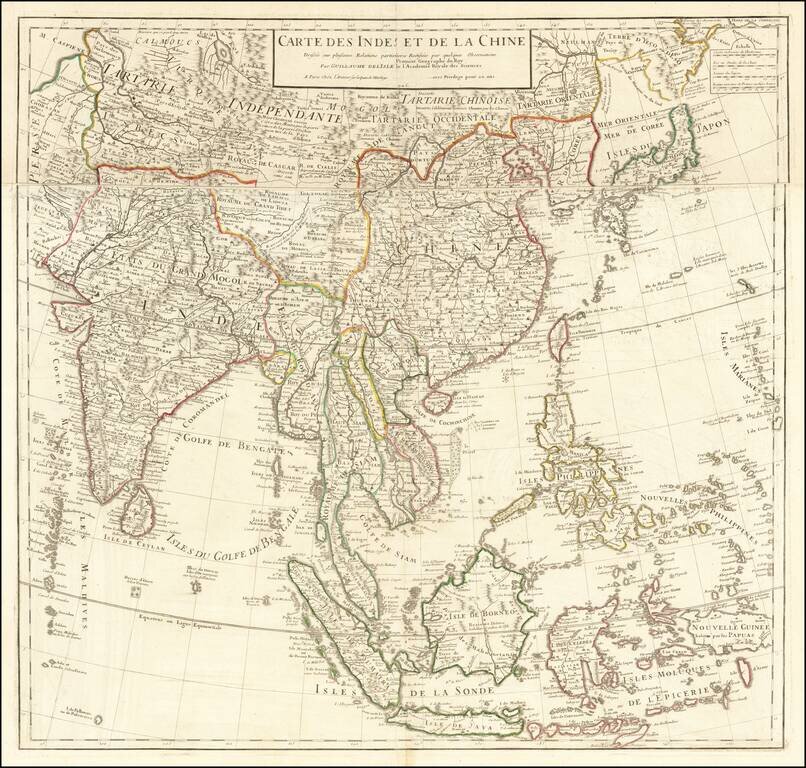 Carte Des Indes et de la Chine  Dressee sur plusieurs Relations particulieres Rectifees par quelques Observations Par Guillaume De L'Isle de l'Academie Royale des Sciences . . .  1705