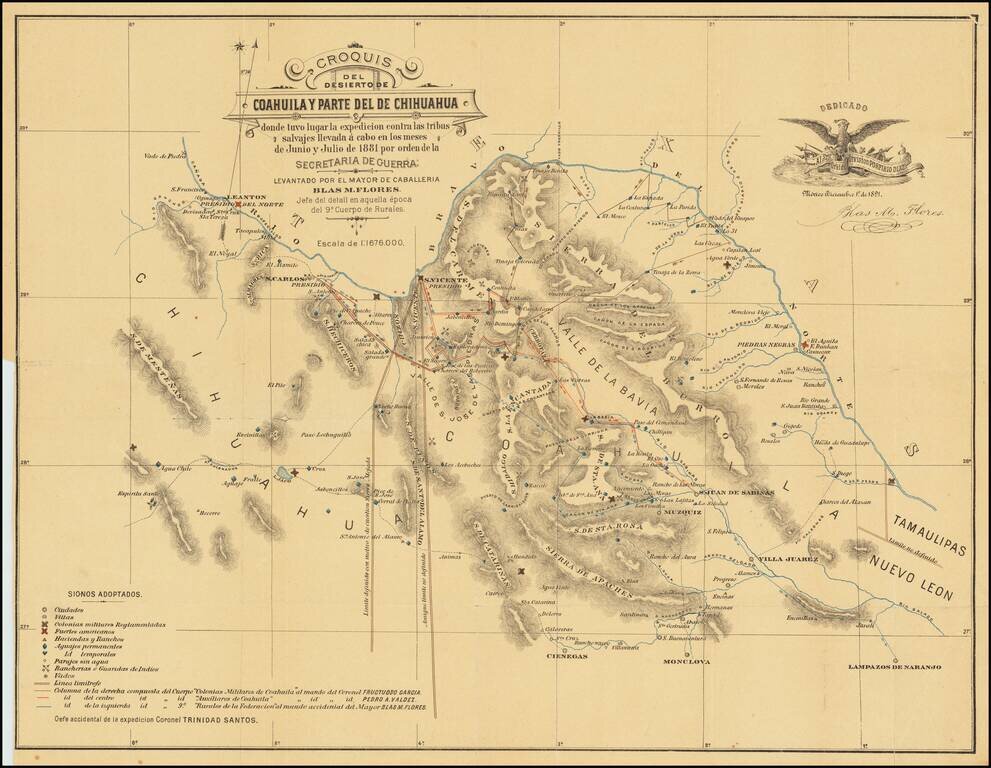 Croquis Del Desierto De Coahuila y Parte Del  De Chihuahua donde tuvo lugar la expedicion contra las tribus salvajes llevada a cabo en los meses de Junio y Julio de 1881 por orden de la Secretaria De Guerra. Levantado por el Mayor de Caballeria Blas M. Fl
