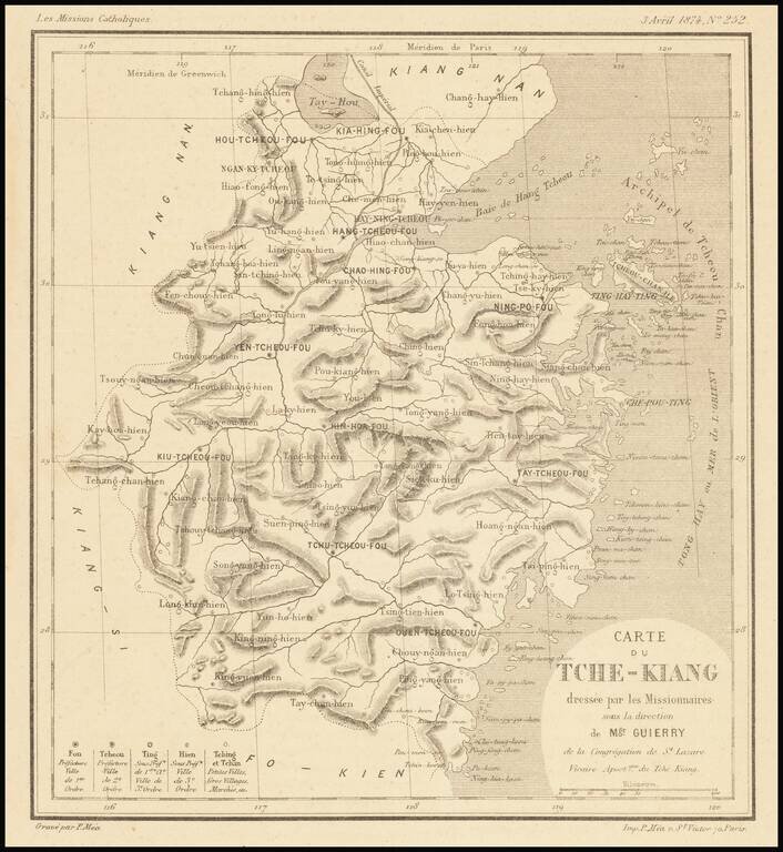 [Shanghai, Hangzhou, Ningbo, Suzhou]  Carte du Tche-kiang dressee ar les Missionaires sous la direction de Mgr Guierry de la Congregation de St. Lazare Vicaire Apostque du Tach-Kiang