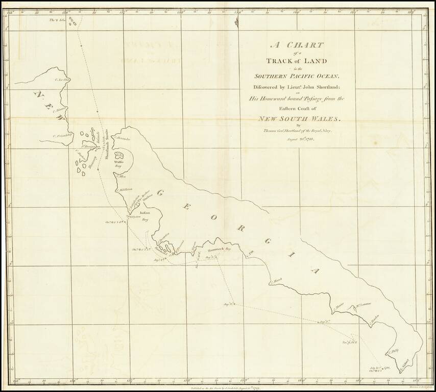 A Chart of a Track of Land in the Southern Pacific Ocean, Discovered by Lieutt. John Shortland; on His Homeward bound Passage from the Eastern Coast of New South Wales.  By Thomas Geoe. Shortland of the Royal Navy, August 20th 1788.