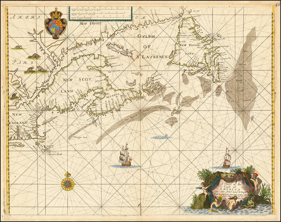 A Chart of the Coast of America from New found Land to Cape Cod By John Seller, John Colson, William Fisher, James Atkinson, and to John Thornton