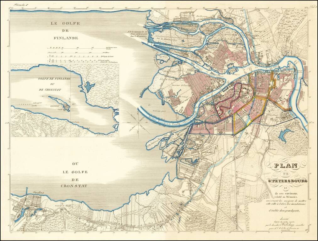 Plan de St. Petersbourg et de ses environs relatif au Memoire, concernant les moyens de mettre cette ville a l'agbri des inondations et d'etablir deux grands ports, dessine d'apres des cartes exactes, par le chevalier de Wiebeking, conseiller prive de S.M