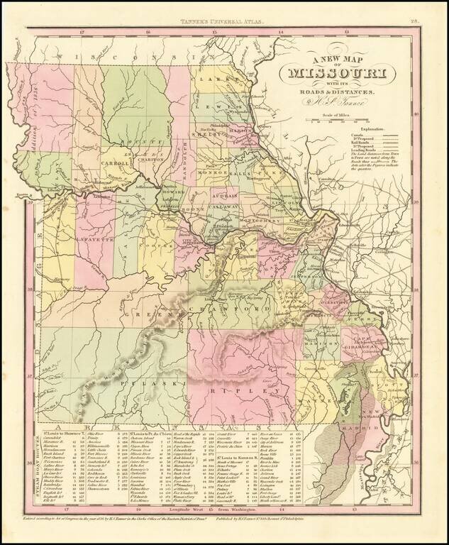 A New Map of Missouri with its Roads & Distances.  By H.S. Tanner.