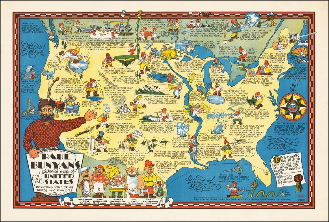 Paul Bunyan's pictorial map of the United States Depicting Some of his Deeds and Exploits By R. D. Handy