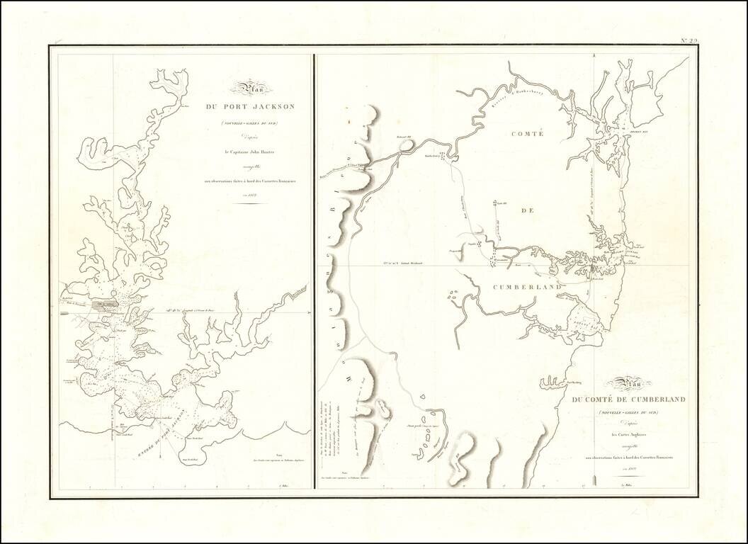 Plan du Port Jackson (Nouvelle-Galles du Sud) d'apres le Capitaine John Hunter assujetti aux observations faites a bord des corvettes Francaises en 1802 (and) Plan du comte de Cumberland (Nouvelle-Galles du Sud) d'apres les cartes Anglaises . . . 1802
