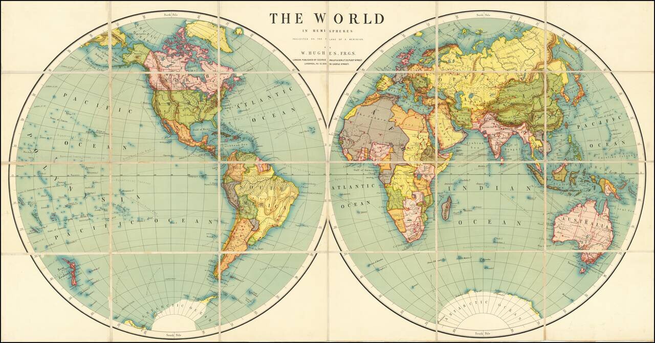 The World In Hemispheres Projected on the Plane of a Meridian By W. Hughes, F.R.G.S.