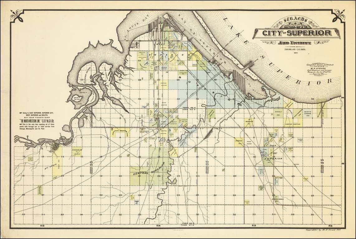 Strand's Sectional Map of the City of Superior And Vicinity.  Douglas Co. Wis. 1892