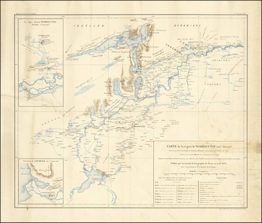 [Timbuktu and Environs]  Carte de la region de Tombouctou au 1/500,000.e  Dressee par Mr. le Lieutenant Vaisseau Hourst, Commandant la Flottile du Niger et  Mr. le Lieutenant Bluzet de l'Infanterie de Marine d'apres la carte Caron et Lefort, les travaux d
