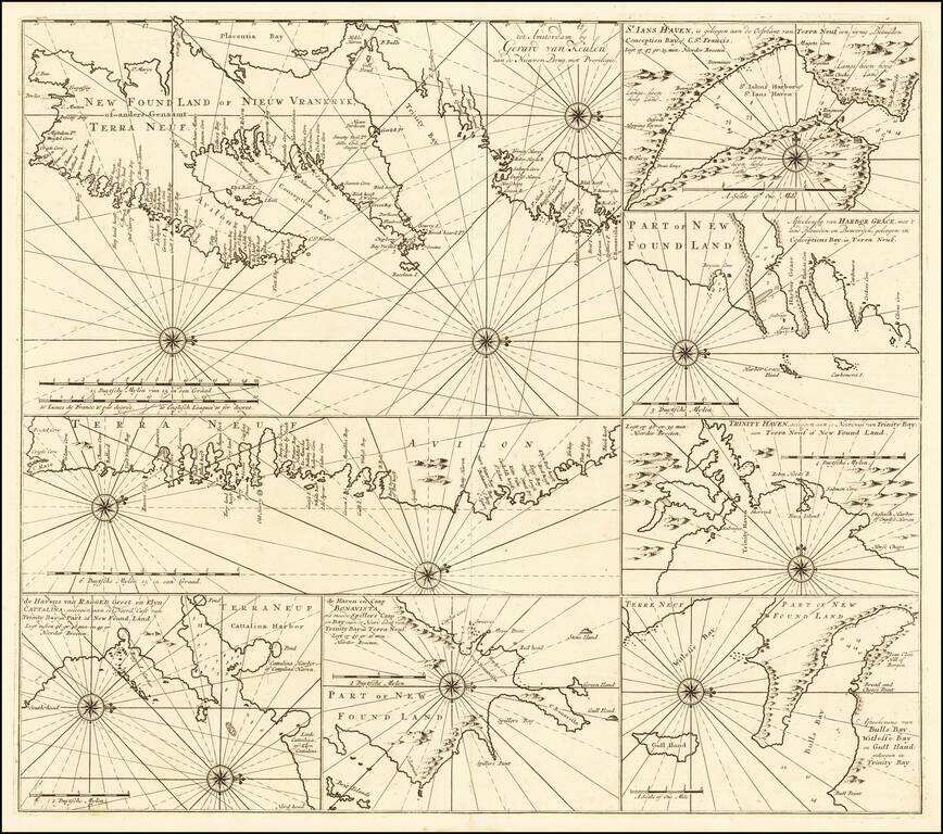 New Found Land of Nieuw Vrankryk, of anders Genaamt Terra Neuf  |  St. Ians Haven . . .   |  Afteekening van Harbor Grace . . . Conceptions Bay in Terra Neuf   |  Trinity Haven . . .  |   Afteekening van Bulls Bay, Witleffe Bay en Gull Iland . . .  |  de 