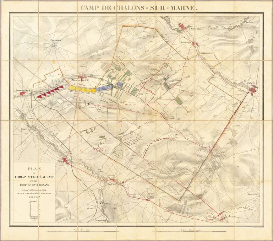 Camp De Chalons - Sur - Marne / Plan du Terrain Affecte au Camp et Des Terrains Environnans Leve par les Officieres du Genie Paris 1757  [with military movements added by hand]