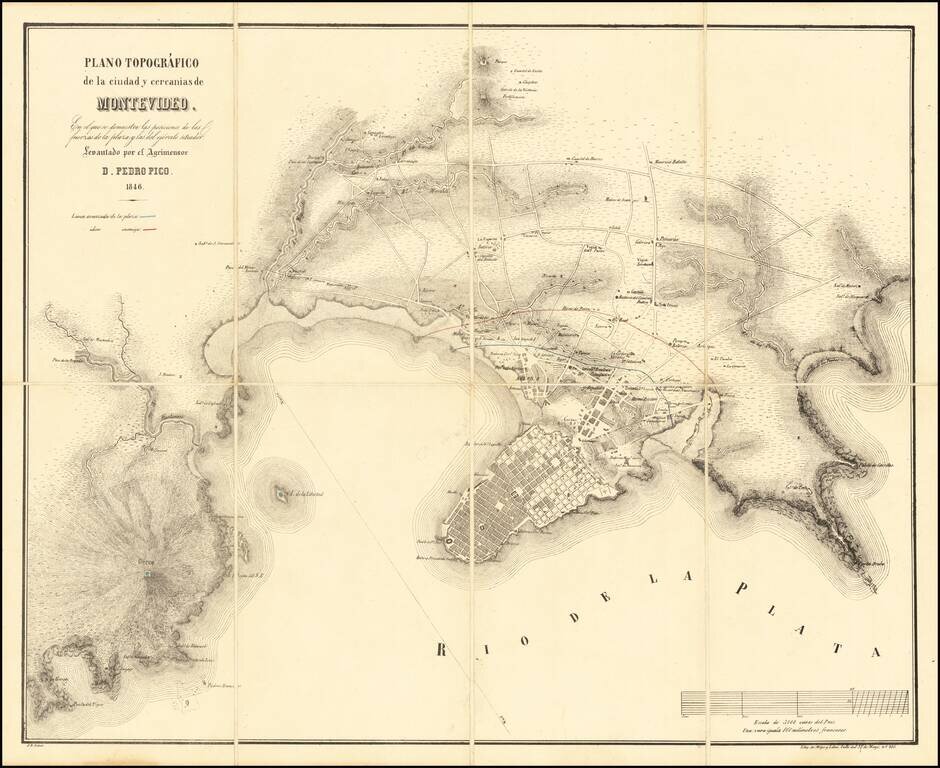 Plano Topografico de la ciudad y cercanias de Montevideo.  En el que se demuestra las posiciones de las fuerzas de la plaza y las del ejercito sitiatdor.  Levantado por el Agrimensor D. Pedro Pico. 1846