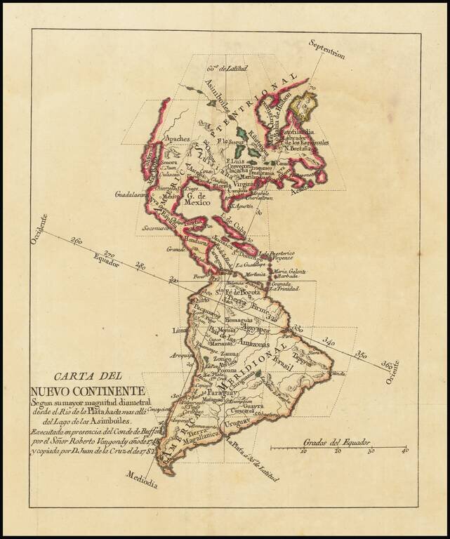 Carta Del Nuevo Continente Segun su mayor magnitud diametral desde el Rio de la Plata hasta mas alla del Lago de los Asimboiles.  Executada en presencia del Conde de Buffon or el Señor Roberto Vaugondy año de 1749 y copiada por D. Juan de la Cruz el de 17