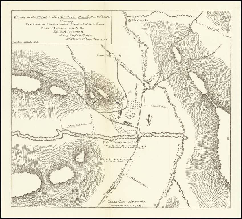 [Wounded Knee]  Scene of the Fight with Big Foots Band, Dec. 29th 1890.  showing Positions of Troops when first shot was fired.  From Sketches made by Lt. S.A. Cloman Act'g Eng'r Officer Division of the Missouri