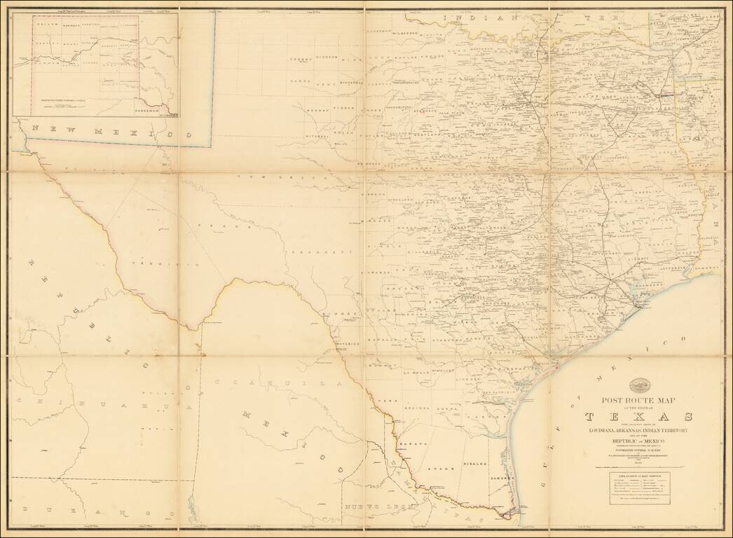 Post Route Map of the State of Texas with Adjacent Parts of Louisiana, Arkansas, Indian Territory, and the Republic of Mexico  Designed and Constructed Under the Orders of Postmaster General D. M. Key . . . 1878