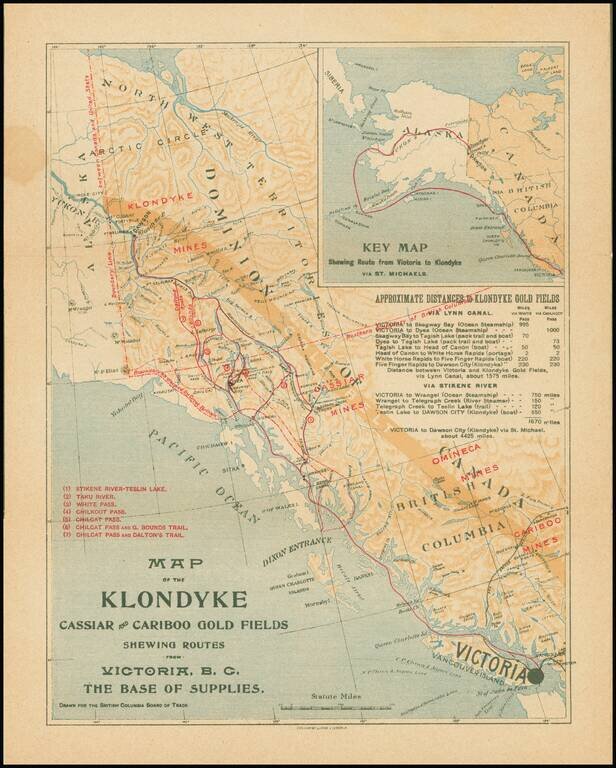 Map of the Klondyke Cassiar and Cariboo Gold Fields Shewing Routes From Victoria B.C. The Base of Supplies