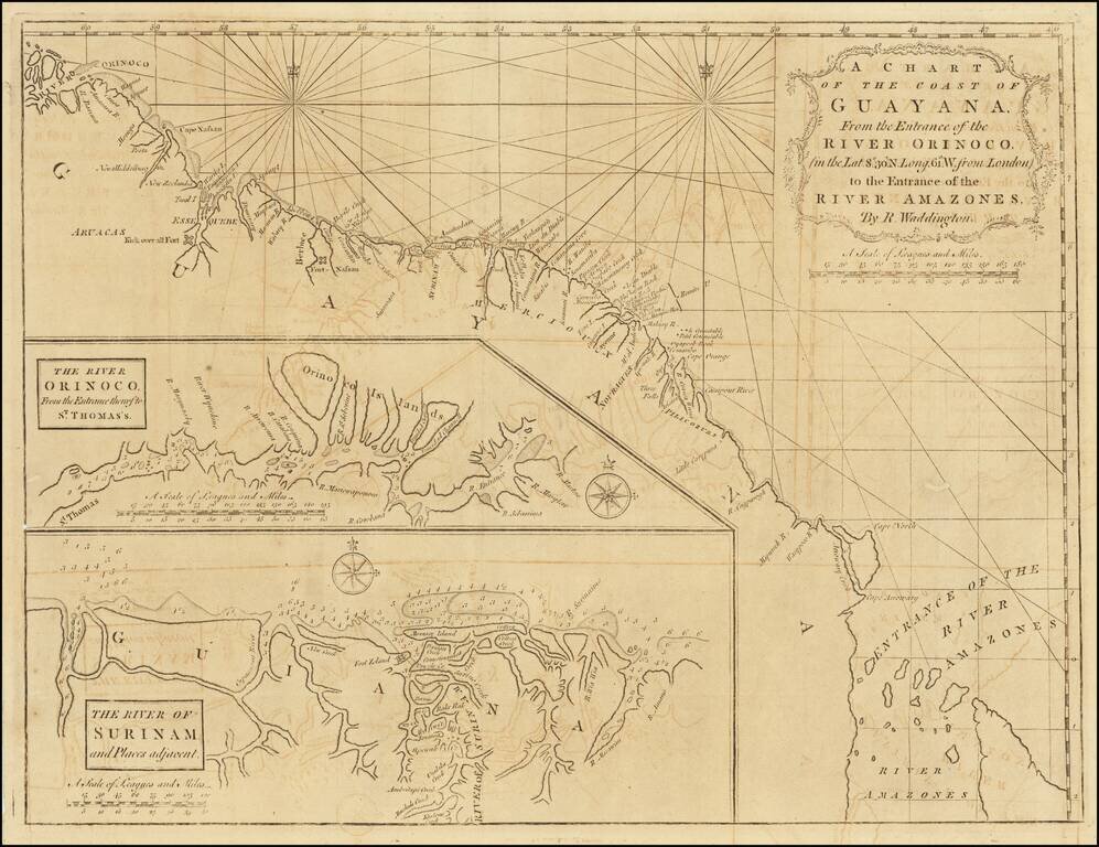 A Chart of the Coast of Guyana, From the Entrance of the River Orinoco (in the Lat. 8°. 30'N. Long 61°. W. from London) to the Entrance of the River Amazones by R. Waddington.
