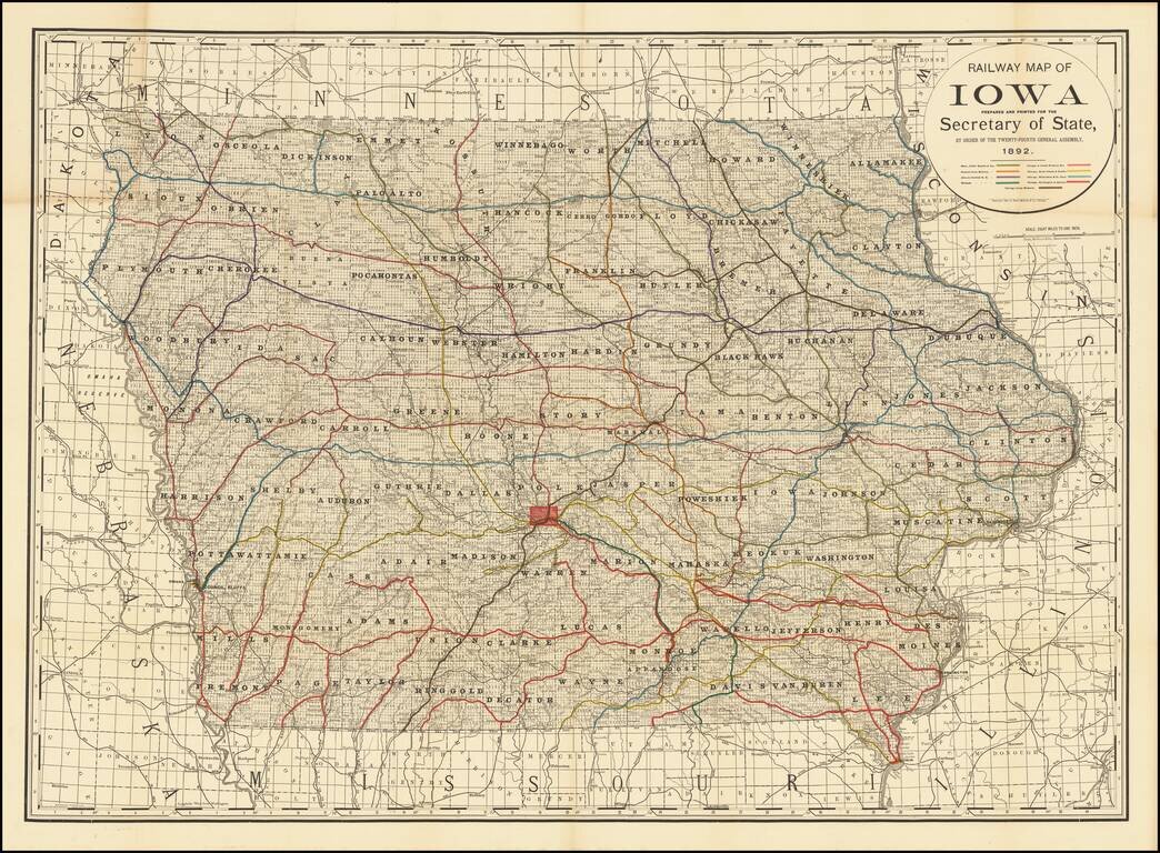 Railway Map of Iowa Prepared and Printed For The Secretary of State By Order of the Twenty-Fourth General Assembly.  1892