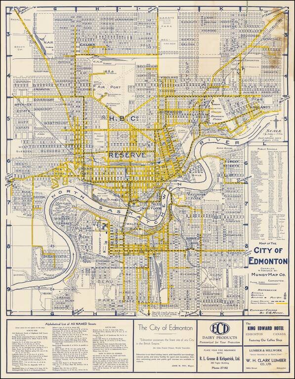 Map of the City of Edmonton Compiled & For Sale By Mundy Map Co.  / New Map of the City of Edmonton, Showing Paved and Gravelled Roads and how to find your way
