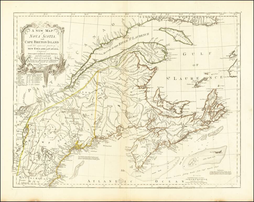 A New Map of Nova Scotia and Cape Breton Island with the adjacent parts of New England and Canada, Compiled from a great number of actual Surveys;  and other materials Regulated by many new Astronomical Observations of the Longitude as well as Latitude; .