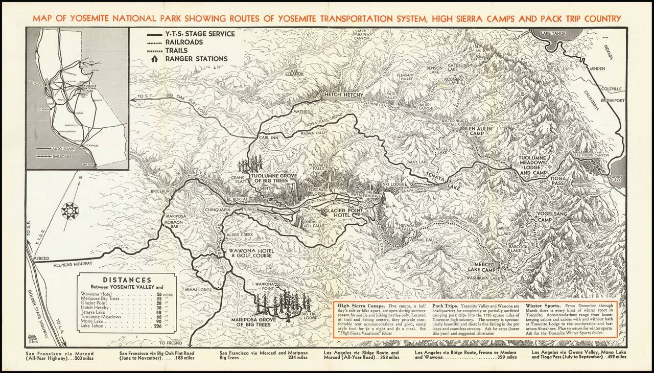 Map of Yosemite National Park Showing Routes of Yosemite Transportation System, High Sierra Camps and Pack Trip Country. [on sheet with:] Map of the Floor of Yosemite Valley Yosemite National Park, California