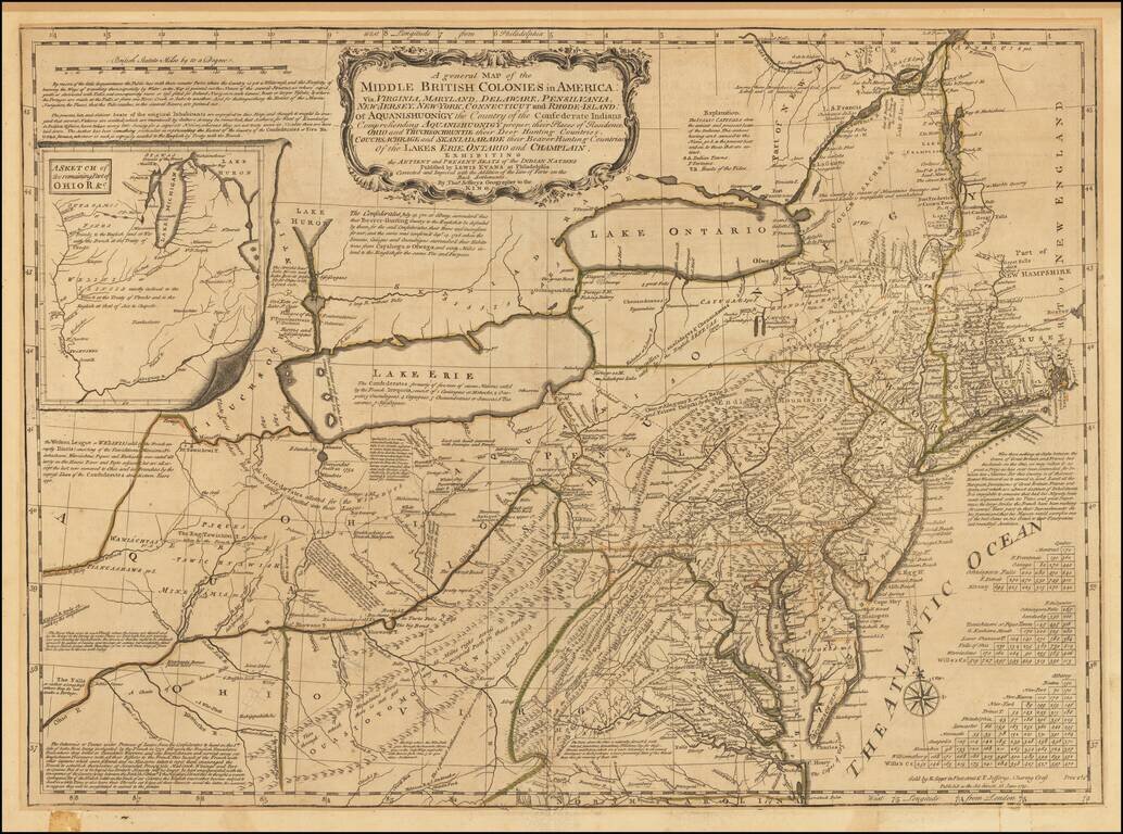 A general Map of the Middle British Colonies in America, viz. Virginia, Maryland, Delaware, Pennsylvania, New-Jersey, New-York, Connecticut and Rhode-Island:  of Aquanishuonigy the Country of the Confederated Indians. . . And of Part of New-France. . . By