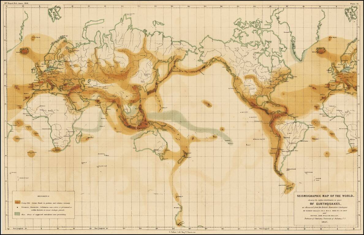 Seismographic Map of the World, showing the surface distribution in space of Earthquakes, as discussed from the British Association Catalog . . . 1857