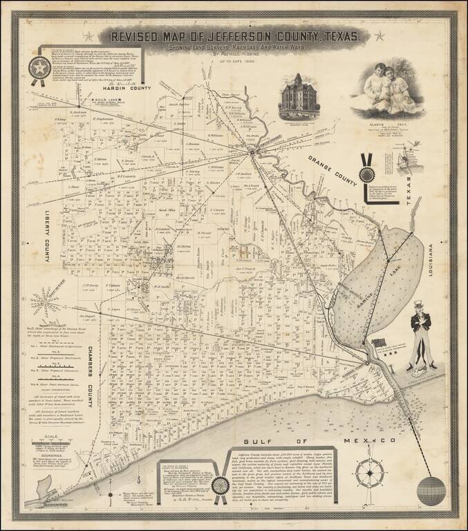 Revised Map of Jefferson County, Texas. Showing Land Surveys, Railroads, and Water Ways. By Pattillo Higgins. Up to Date 1898.