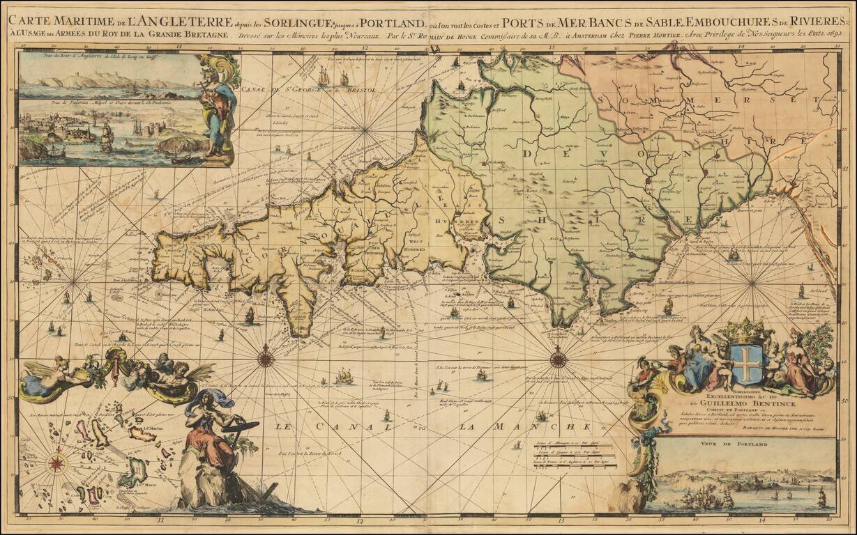 Carte Maritime de L'Angleterre depuis Sorlingues jusques a Portland ou l'on voit les costes et Ports . . . . 1693