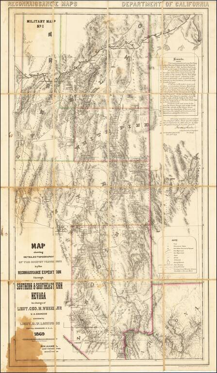 Map showing Detailed Topography of the Country Traversed by the Reconnaissance Expedition through Southern & Southeastern Nevada in charge of Lieut Geo. M. Wheeler US. Engineers Assisted by Lieut. O.W. Lockwood Corps of Engineers USA 1869.