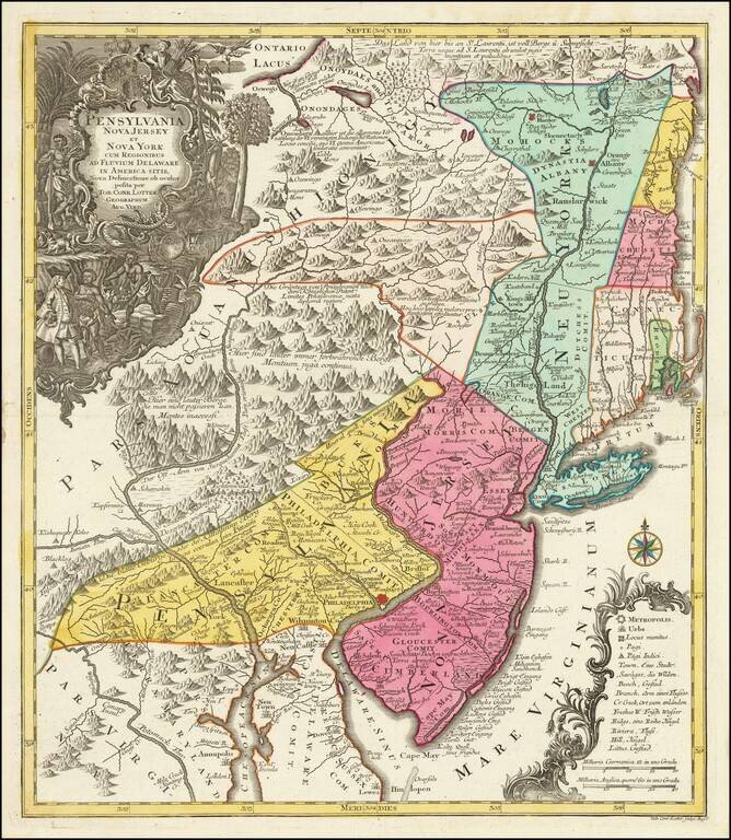 Pensylvania Nova Jersey et Nova York cum Regionibus Ad Fluvium Delaware In America Sitis, Nova Delinatione ob oculos posita . . .