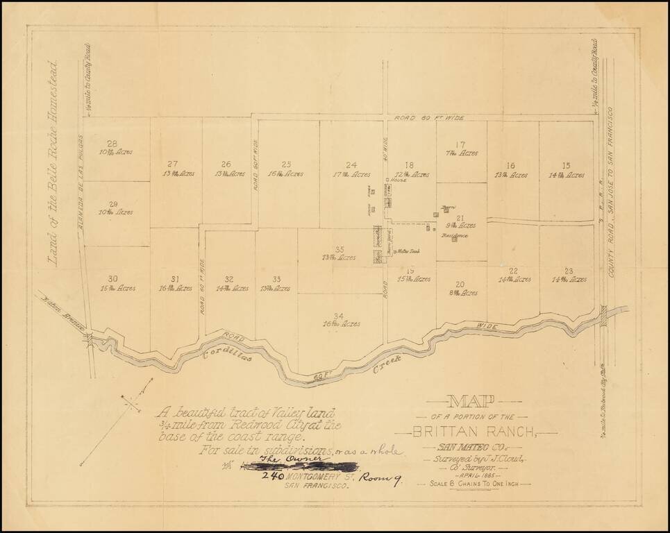 [San Carlos / Edgewood Park]  Map of a Portion of The Brittan Ranch, San Mateo. Surveyed by J.J. Cloud, Co. Surveyor.  April 1885