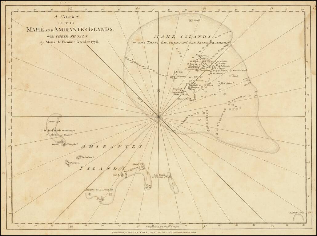 [Seychelles]  A Chart of the Mahe and Amirantes Islands, with their Shoals by Monsr. le Vicomte Grenier 1776
